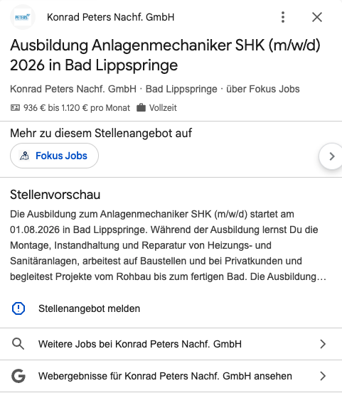 Screenshot: Ausbildungsstelle von Peters Haustechnik bei Google for Jobs über FOKUS JOBS