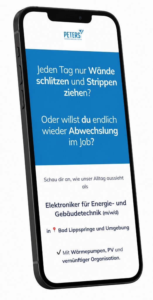 Karriere-Landingpage für Elektroniker bei Peters Haustechnik auf dem Smartphone