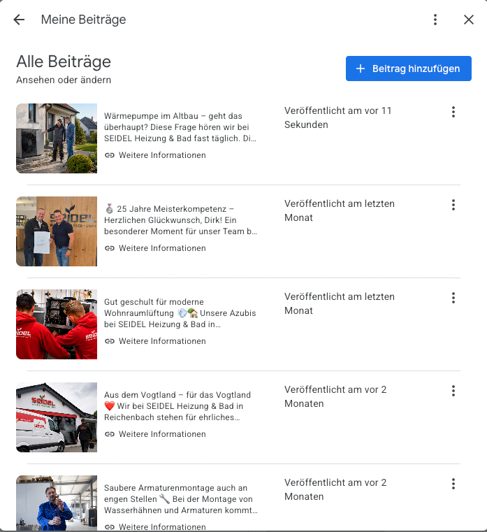 Screenshot: Google-Unternehmensprofil-Beiträge von SEIDEL Heizung & Bad zu Wärmepumpen, Team und regionaler Präsenz